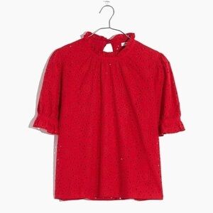 Madewell Embroidered Eyelet Ruffle-Neck Keyhole Top